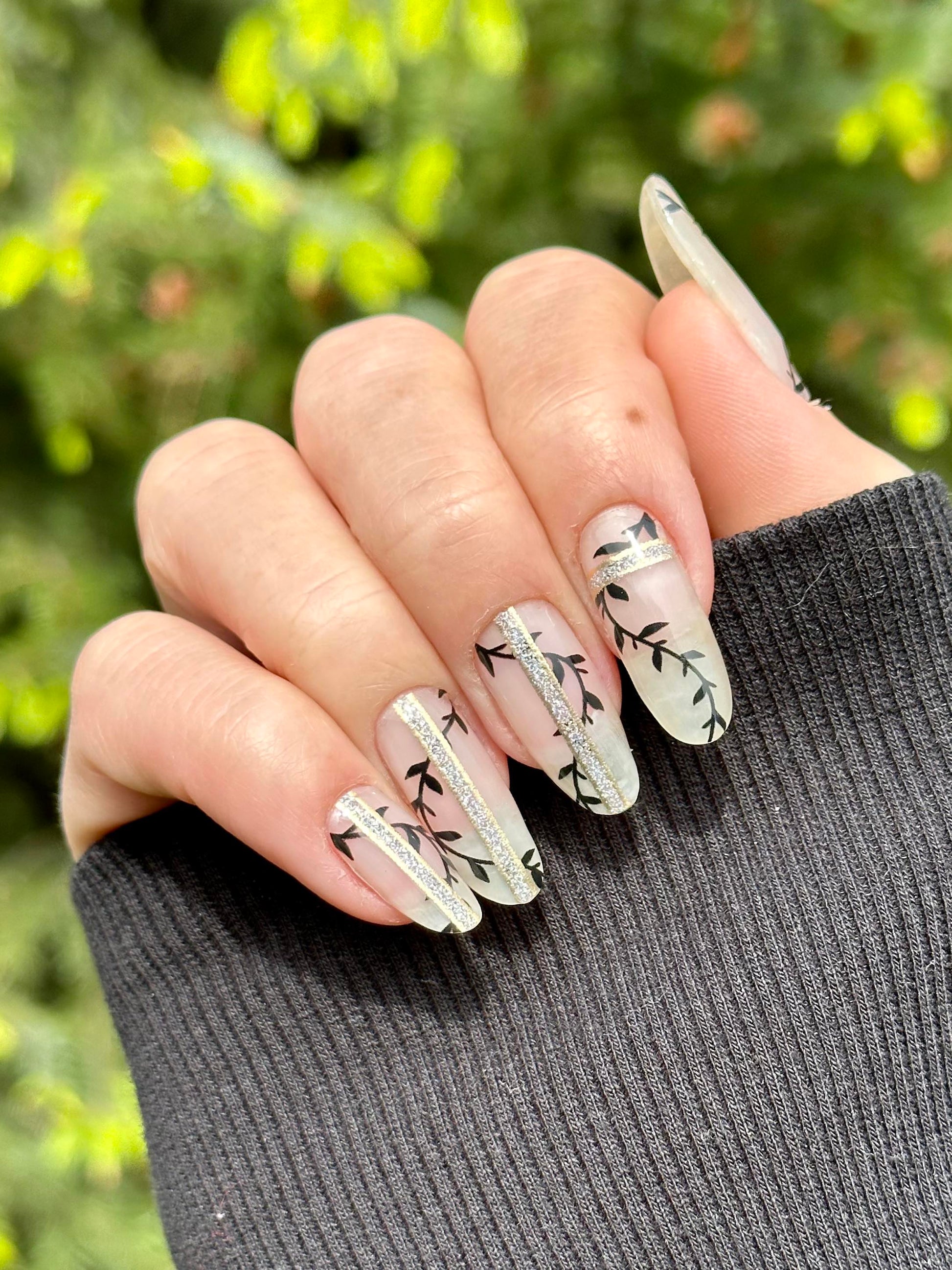 White Tip Nails with Glitter Vines
